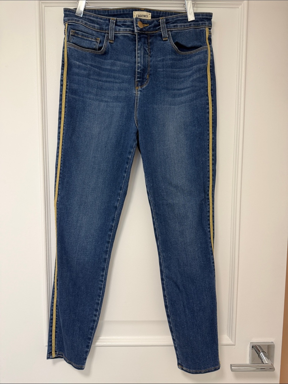 Brand New L'AGENCE Blue Skinny Jeans with Yellow Side Stripe